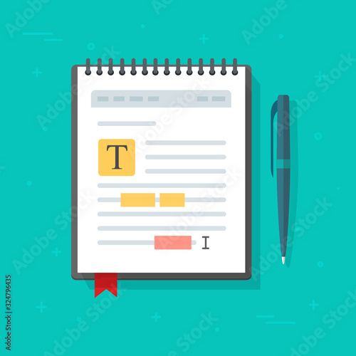 Electronic note pad or note book with text file content editing vector icon, flat cartoon creating online notes or writing electronic document text, author or copywriting concept symbol isolated image