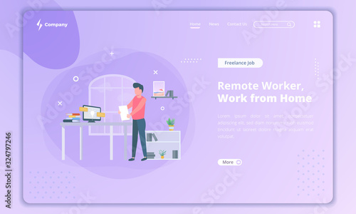 Flat design of remote worker as freelancer on landing page