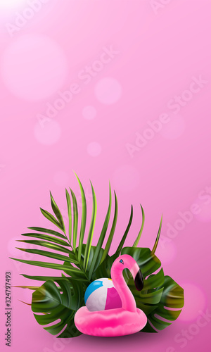 Flamingo collection banner. Floral jungle palm background. Summer tropical bird. Floral illustration. Colorful tropical leaves banner.