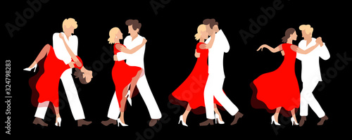 Four passionate couples dancing tango on a dark background.A man in a white suit and a woman in a red dress.Vector set of illustrations for a show, dance competition, tango school poster.