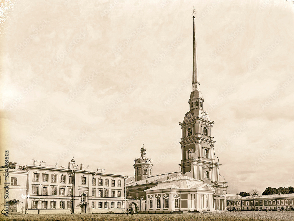 Imitation vintage photo: Peter and Paul Cathedral and Grand Ducal Burial Vault in St. Petersburg
