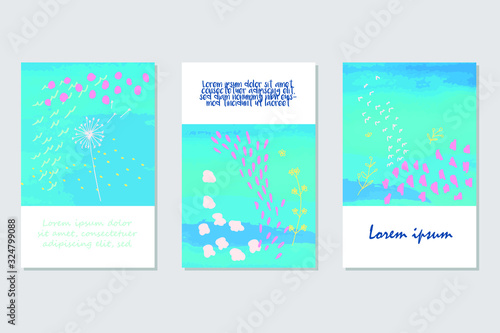 Set of vector abstract nature backgrounds with doodles, flowers, leaves, crosses, dots and scribbles. Romantic  pattern , hand drawn  with felt-tip pens  for invitations, poster, design postcard or we