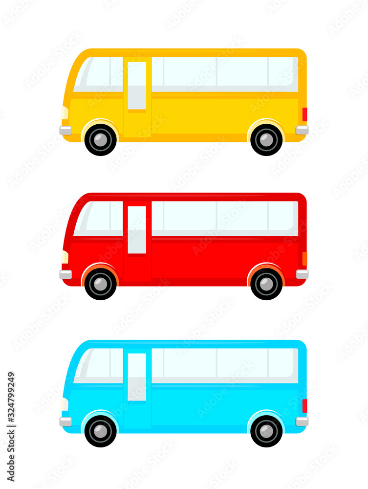 Bus icon set different colors. Vector Colorful Travel Passenger Autobus side view.