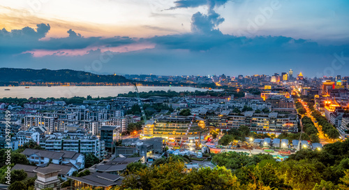 Skyline and West Lake of Hangzhou urban architectural landscape..
