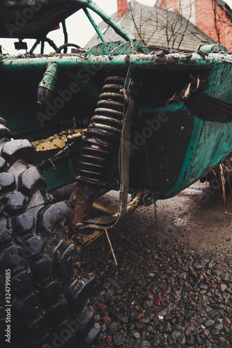 Homemade buggy machine stuck in the swamp. Offroad trip to the mountains.