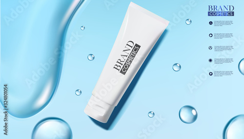 Vector Illustration Of Realistic .White cosmetic products with drop of water on blue background.