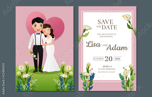 Valokuvatapetti Wedding invitation card the bride and groom cute couple cartoon character
