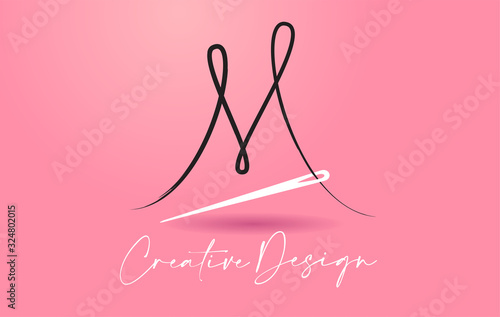 M Letter Logo with Needle and Thread Creative Design Concept Vector