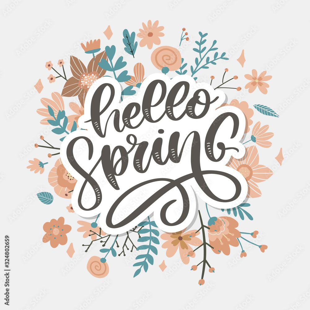 Hello Spring Flowers Text Background letterung slogan