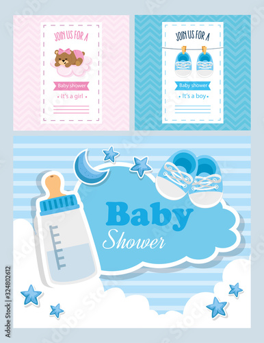 set of baby shower cards with cute decoration vector illustration design