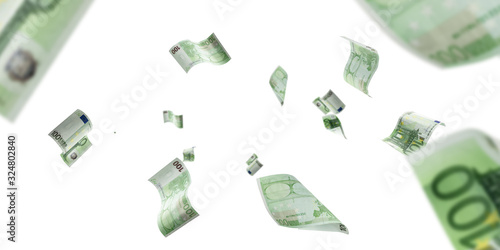 Euro banknote isolated falling background. European money bill. Business cash