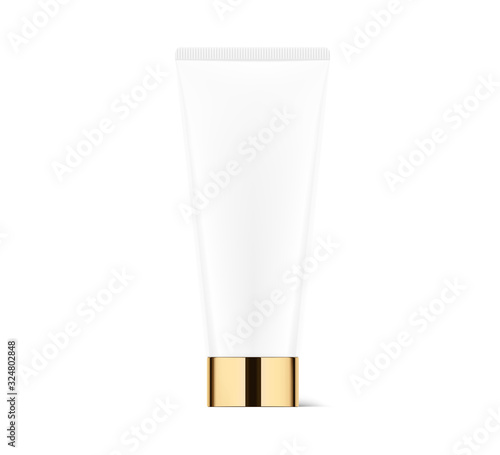 Blank plastic tube mockup for cosmetics with gold cap. Front view. Vector illustration isolated on white background. Can be use for your design, advertising, promo and etc. EPS10.	