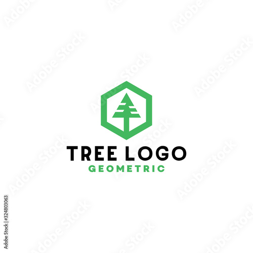 Tree logo design vector template with Hexagon Line Symbol Concept style.