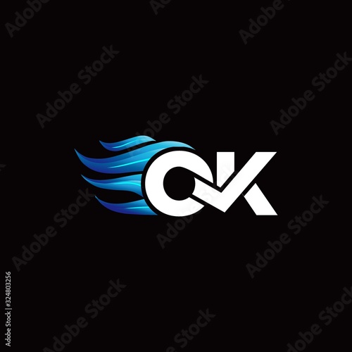 OK monogram logo with blue fire style design template