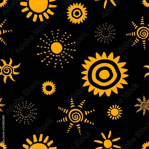 Pattern with hand drawn sun symbol stylized in folk etnic style of ancient culture. Gold yellow on black background. Seamless design. Great for fabric, scrapbooking and textile.