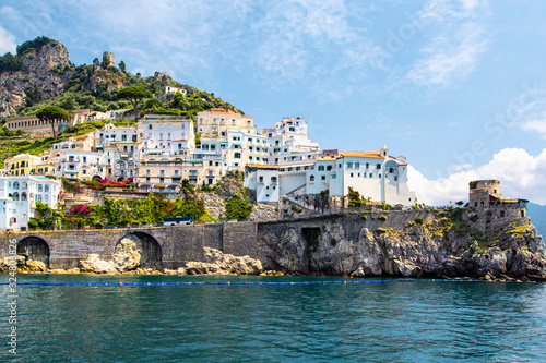 and colorful houses, located on rock, Amalfi coast, Salerno, Campania, Italy
