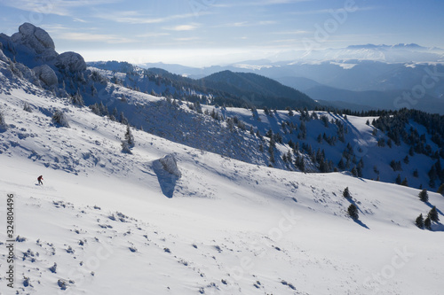 Big mountain skiing, or backcountry skiing, in Ciucas Mountains, Romania