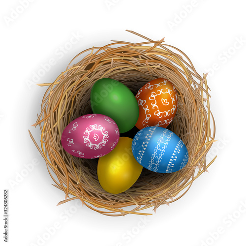 Easter multi-colored eggs decorated with ornaments in a wicker basket of branches. Vector isolated image on a white background. Clipart for a holiday card, banner, poster. Realistic eggs, 3d, concept
