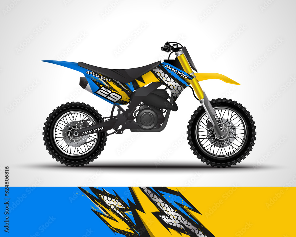 Racing motorcycle wrap decal and vinyl sticker design. Concept graphic abstract background for wrapping vehicles, motorsports, Sportbikes, motocross, supermoto and livery. Vector illustration.
