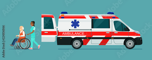 Ambulance van, side view. Nurse strolling with elder grey haired man in wheelchair. Vector flat style illustration.