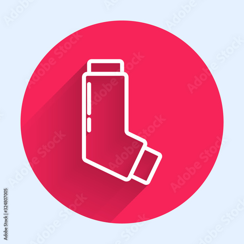 White line Inhaler icon isolated with long shadow. Breather for cough relief, inhalation, allergic patient. Medical allergy asthma inhaler spray. Red circle button. Vector Illustration