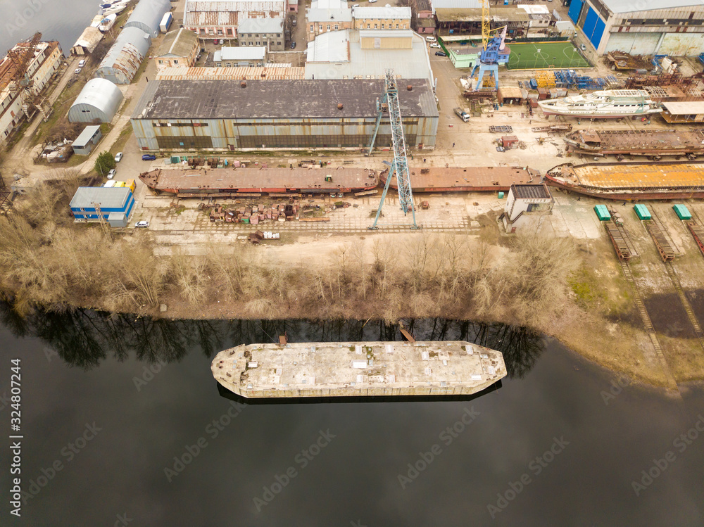 Aerial drone view. Bay shipyard.