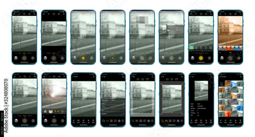 UI UX Design camera app for mobile. Shooting modes and advanced settings. Mobile app design. Mockups Set