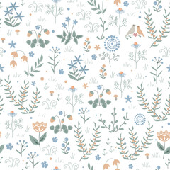 Fototapete Muster im skandinavischen Stil Vector nahtloses Blumenmuster mit Wiesenpflanzen, Blumen und Vögeln, skandinavischer Hintergrund des Gekritzels  © Toltemara