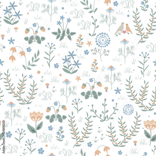 Vector floral seamless pattern with meadow plants, flowers and birds, doodle scandinavian background