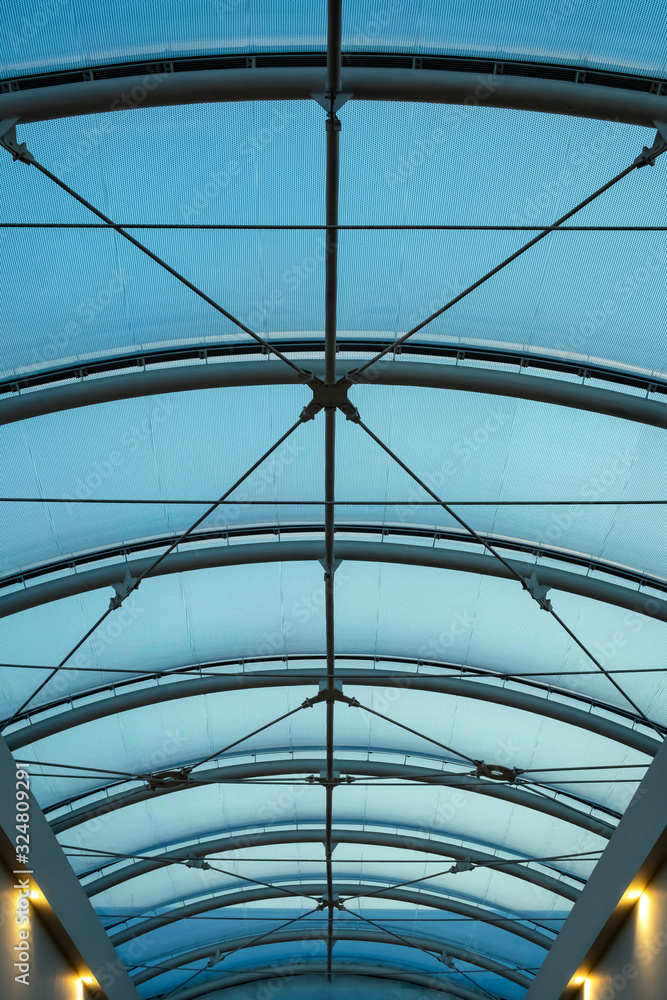 Metall frame roof construction. Internal structure of glass roof. Metall frame roof construction. Internal structure of glass roof.