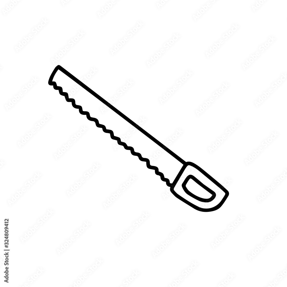 Hand outline saw. Large long metal file in hand drawn doodle style isolated on white background.Vector outline stock illustration.Sign Hand outline saw. Large long metal file in hand drawn doodle style isolated on white background.Vector outline stock illustration.Sign