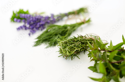 gardening, ethnoscience and organic concept - bunches of greens, spices or medicinal herbs on white background