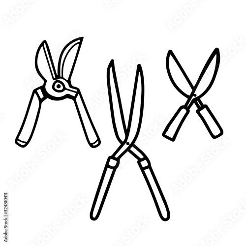 Set pruners in hand drawn doodle style isolated on white background. Vector outline stock illustration.Sign gardening element.
