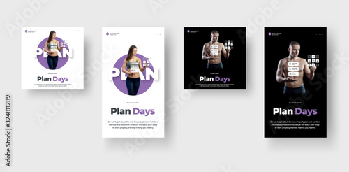 Booklet design on sports and nutrition, on white and black background, for stories and post.