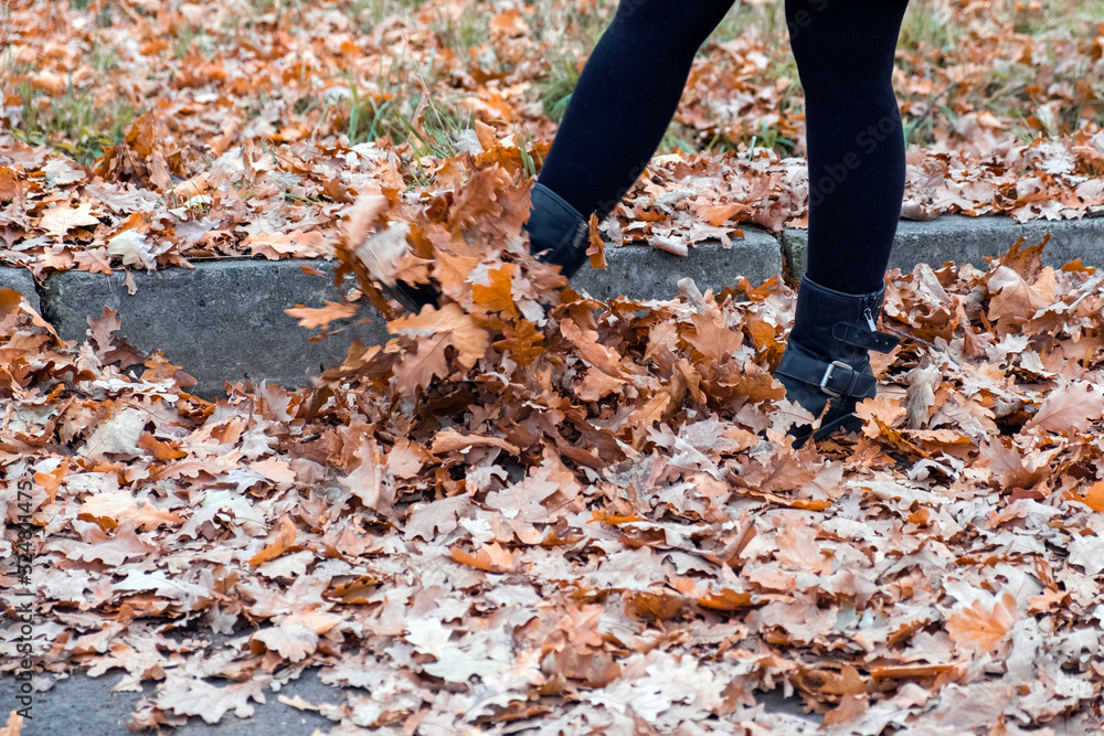 Woman in black leather boots is kicking aunumn foliage in park. Woman in black leather boots is kicking aunumn foliage in park.