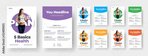 Double-sided leaflet template with colored circles and a girl on a white background.