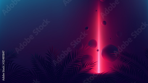 Futuristic allusion red neon ray, light reflex on spheres, vector background with empty space with tropical plants