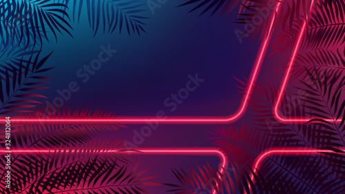 Neon laser rays among tropical leaves, futuristic cyberpunk background, modern lighting technology, vector illustration