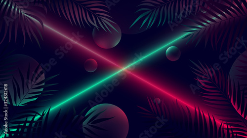 Bright neon rays of red and green, abstract cyberpunk background with illuminated soaring spheres among tropical leaves, vector futuristic illustration