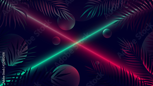 Bright neon rays of red and green  abstract cyberpunk background with illuminated soaring spheres among tropical leaves  vector futuristic illustration