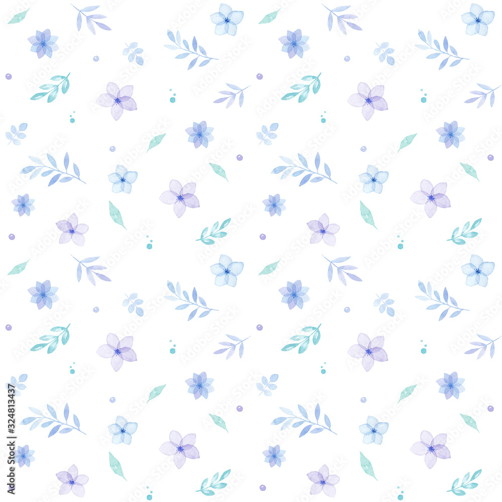 Spring seamless pattern of flowers and leaves in watercolor, greetings card, isolated on white, pastel colors Spring seamless pattern of flowers and leaves in watercolor, greetings card, isolated on white, pastel colors