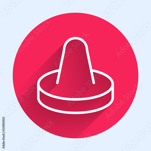 White line Mallet and puck for playing air hockey game icon isolated with long shadow. Red circle button. Vector Illustration