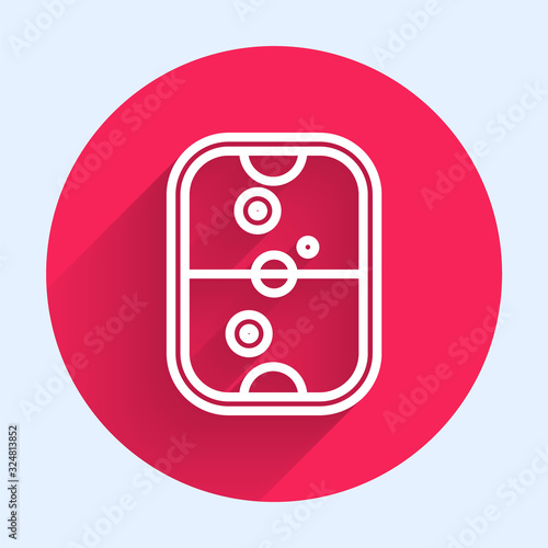 White line Air hockey table icon isolated with long shadow. Red circle button. Vector Illustration
