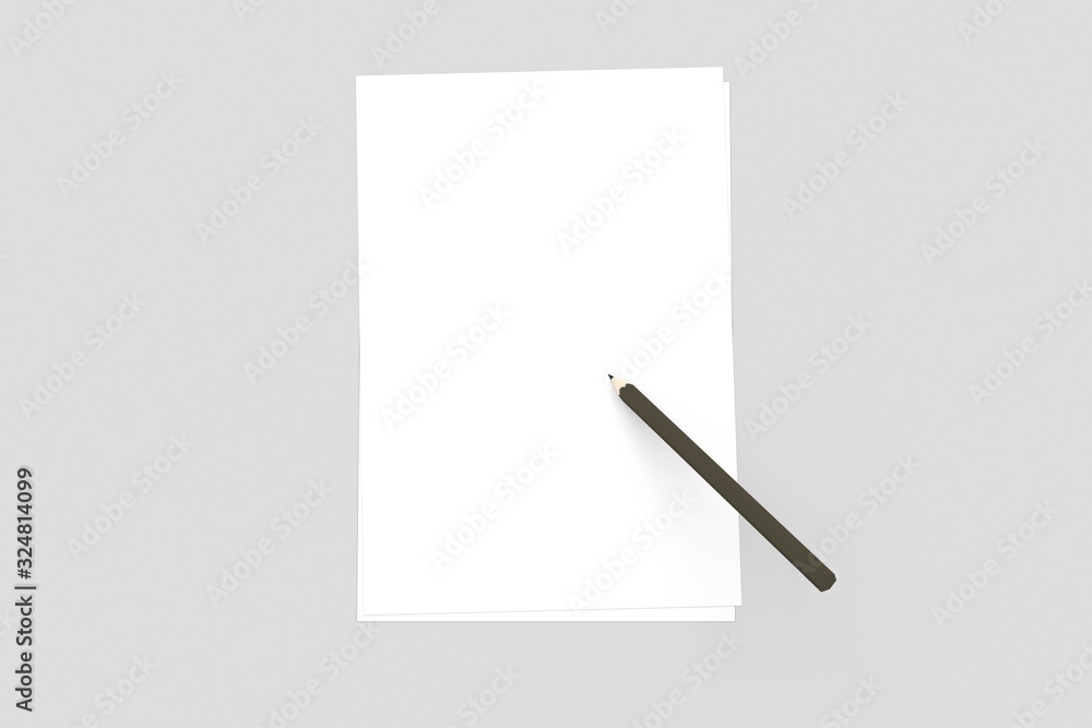 3D Rendering A4 Paper Mock Up Template with Drawing Pencil 3D Rendering A4 Paper Mock Up Template with Drawing Pencil