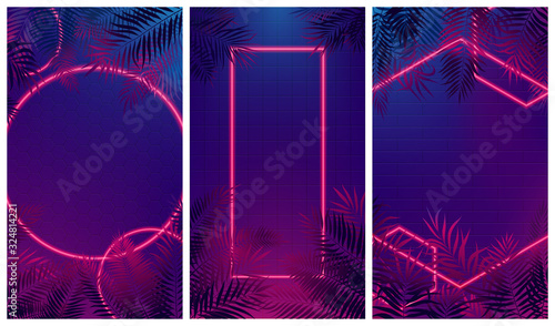 Set of futuristic abstract modern compositions with neon red rays of light, cyberpunk style reflex glow on tropical leaves, vector illustration