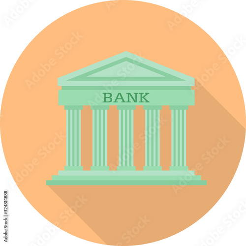 Vector flat Bank icon isolated on orange background and has shadow. It is a place for conducting investment and financial transactions which is suitable for businessmen, investors and general people