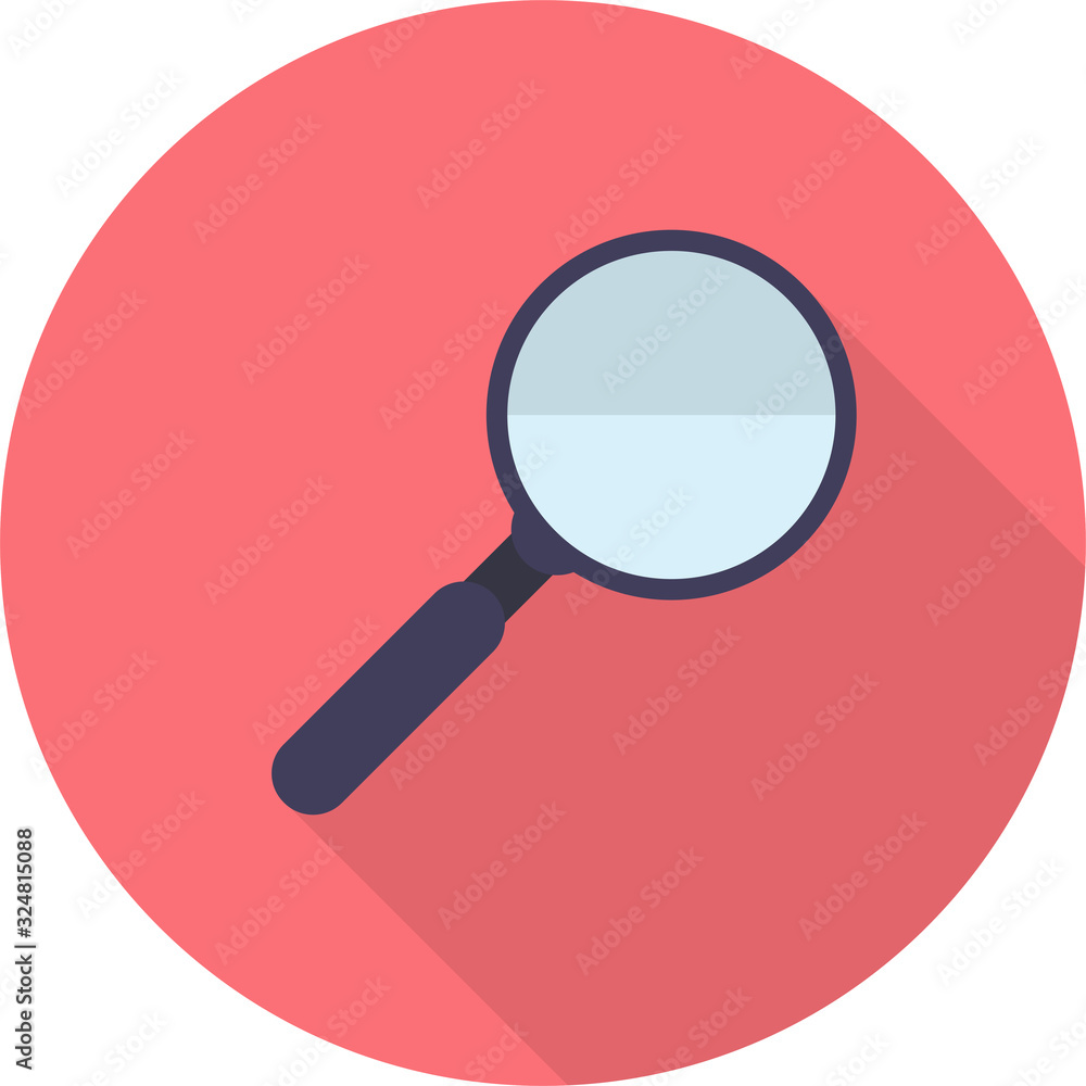 Vector flat Magnifier icon isolated on pink background and has shadow. It is used to enlarge text, enlarge objects, which is suitable for businessmen, students, scientists and detectives. Vector flat Magnifier icon isolated on pink background and has shadow. It is used to enlarge text, enlarge objects, which is suitable for businessmen, students, scientists and detectives.
