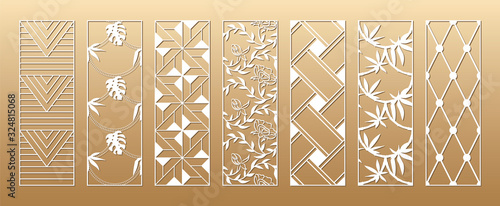 7 Laser cut vector panels (ratio 1:3). Cutout silhouette with flowers, leaves, bamboo, ropes, mosaic and geometric patterns. The set is suitable for engraving, laser cutting wood.