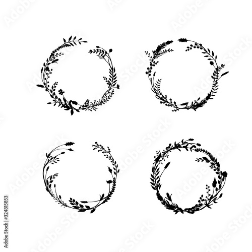 Sketch wreath set made of ink drawn wild plants, flowers and herbs. Round border great to place text, quote or logo. Botanocal drawing. Vector