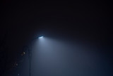 Lamp post in fog. Street light's beam in foggy night. Dense fog.